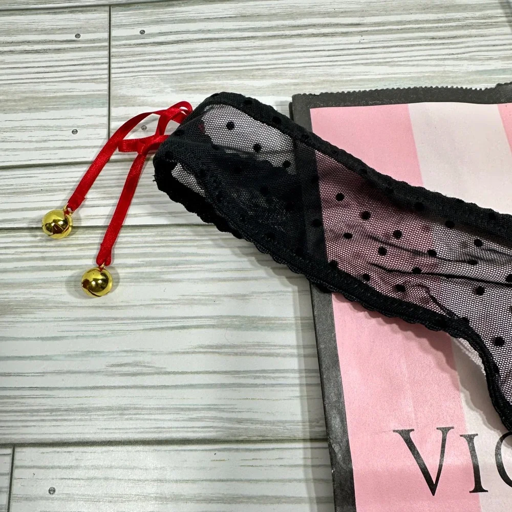 Victoria's Secret High-Leg Thong Panty L Black‎ Polka Dot Mesh Red Ribbon Bells